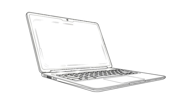 Perspective line drawing of an open laptop computer.