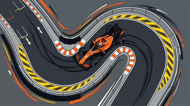 Orange Formula Race Car Navigating a Tight Chicane on a Dark Track, Top Down View with Motion Blur Effect, Graphic Vector Illustration of Speed and Competition