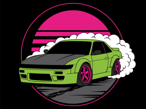 Retro Synthwave Drift Car Vector Illustration with Pink Sun and Tire Smoke