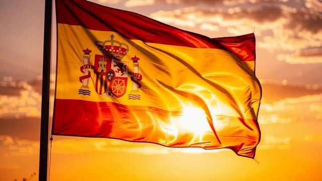 Flag of spain waving against a golden sunset sky