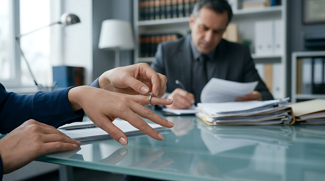 Woman removing wedding ring in law office during divorce settlement
