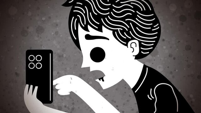 young man with a vacant stare compulsively doomscrolling on social media