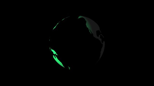 Glowing green planet earth rotating map on black background for global connection network or environmental science tech concept video.