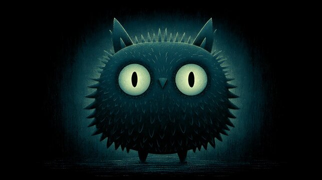 A fuzzy, dark creature with glowing eyes stands in a moody environment. Perfect for fantasy, horror, or dark whimsical.