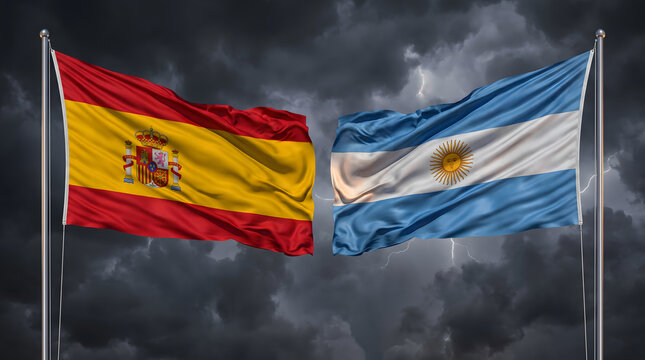 Spain and Argentina national flags waving on metal poles against dramatic dark storm clouds with lightning