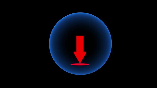 Red download arrow button animation inside glowing blue neon circle on black background for system backup process indicator.