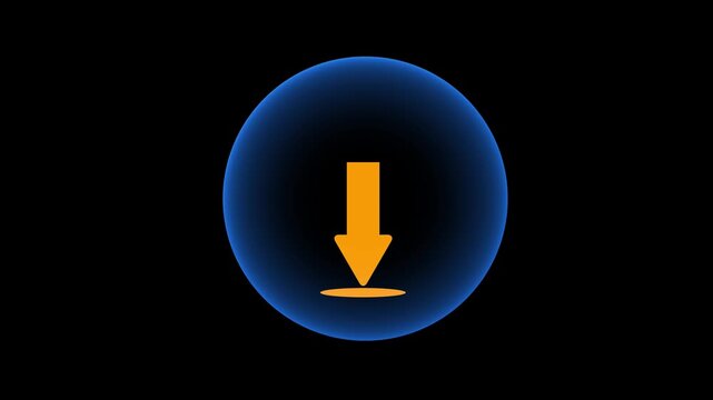 Orange download arrow button animation inside glowing blue neon circle on black background for file transferring process display.