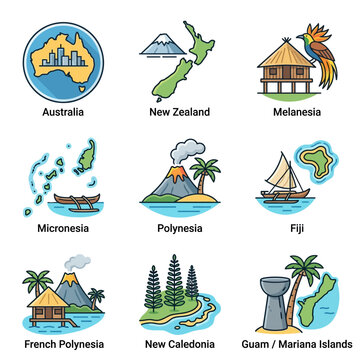 Set of nine colorful vector icons for Oceania regions featuring Australia map, New Zealand peaks, Melanesia hut, Micronesia islands, Polynesia volcano, Fiji boat, and New Caledonia landscape.
