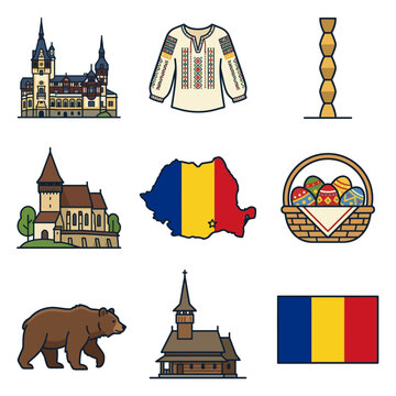 Romania cultural icons set featuring Peles Castle, traditional blouse, Endless Column, fortified castle, flag map, painted Easter eggs, brown bear, wooden church, and national flag.