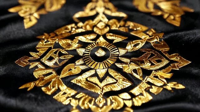 Golden Ornate Pattern On Black Fabric.