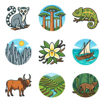 Madagascar vector icons: ring-tailed lemur, baobab trees, chameleon, Tsingy limestone rocks, vanilla orchid, pirogue boat, zebu cattle, terraced rice paddies, and fossa carnivore.