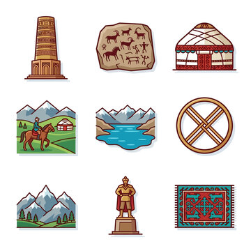 Kyrgyzstan culture and travel vector icon set featuring Burana Tower, traditional yurt, mountain landscapes, horse riders, ancient petroglyphs, and national heritage symbols.