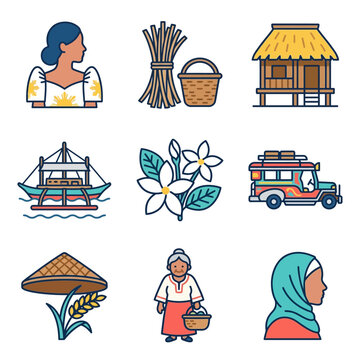 Philippine Cultural Vector Icon Set Featuring Filipina Women, Nipa Hut, Jeepney, Outrigger Boat, Sampaguita Flowers, Salakot Hat, and Traditional Household Items