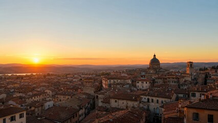 Fototapeta premium Sunset Over Historic Tuscany: Rooftop Skyline with Dome and Bell Tower