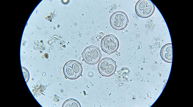 Coccidia oocysts under microscope showing sporulated parasitic protozoa in a clinical laboratory setting