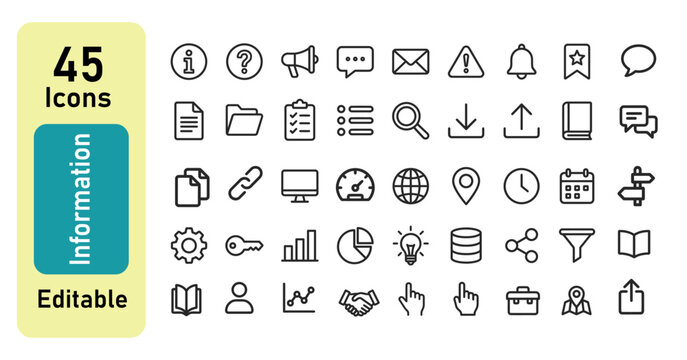 Information and communication line icons set. General UI navigation, business data management, and web helper outline icons bundle