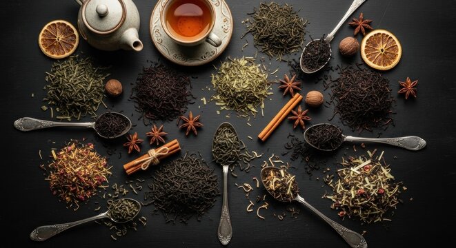 Assorted tea leaves and spices arrangement.