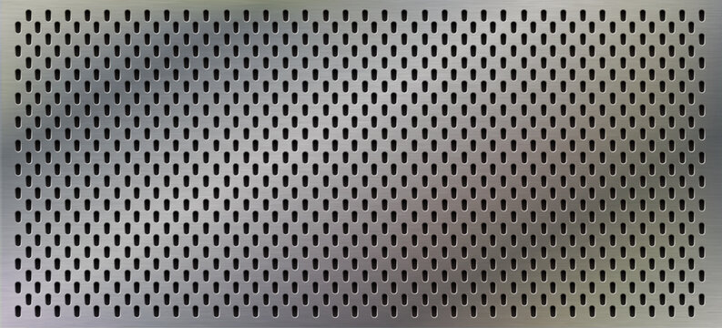 Realistic perforated plate texture featuring metallic material, industrial panel, alloy sheet, lattice, mesh, grill, perforation pattern and modern mechanic design for wallpaper and backgrounds.
