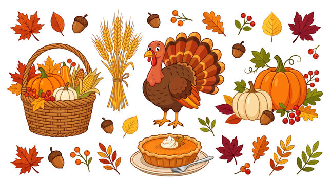 Thanksgiving autumn harvest vector element set with turkey, pumpkins, and pie