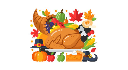 Naklejka premium A roasted turkey with vegetables and cornucopia on a platter indoors