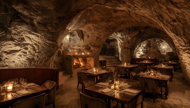 Cozy underground restaurant with wooden tables and warm lighting, dinner party