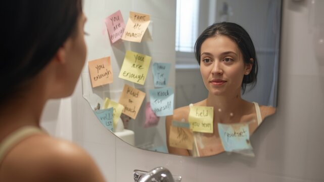 Close-up Affirmation Sticky Notes on a Vanity Mirror with Handwritten Inspiring Quotes for Daily Mental Health Wellness