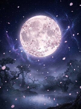 Leuchtender Vollmond mit Kirschbl&uuml;ten &uuml;ber einem mystischen Waldsee