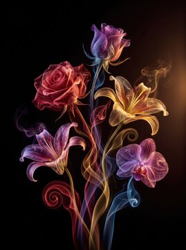 Farbenfrohe Rosen, Lilien und Orchidee aus leuchtendem Rauch