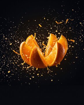 Aufplatzende Orange mit dynamischen Saftspritzern
