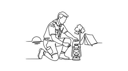 Obraz premium Scout Boy with Lantern and Tent at Sunset, Single Line Drawing
