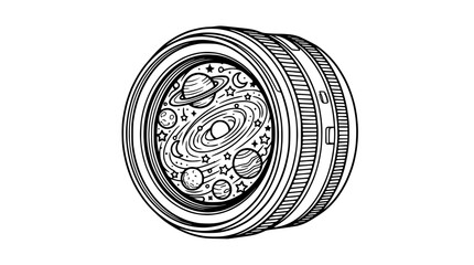 Camera Lens Revealing Cosmic Galaxy with Planets and Stars, Doodle Art Style © yisun