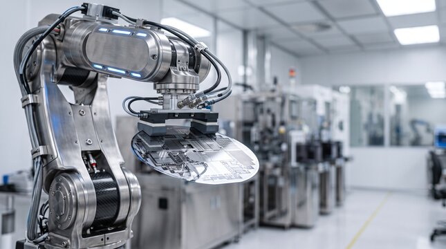Industrial robot arm holding a silicon wafer in a cleanroom semiconductor manufacturing facility
