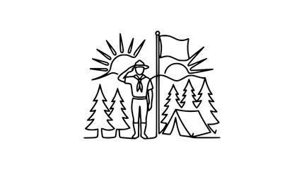Obraz premium Scout Saluting Flag Beside Tent and Trees at Sunrise