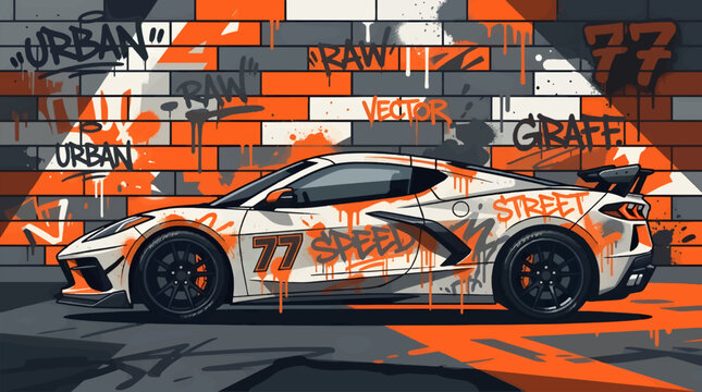 Flat Style Vector Illustration of a White Sports Car with Orange Graffiti Accents and "77 SPEED" Text, Side Profile View Against a Graffiti Brick Wall Background, Dynamic Urban Scene