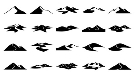 Fototapeta premium Collection of modern mountain range silhouettes with winding roads and paths