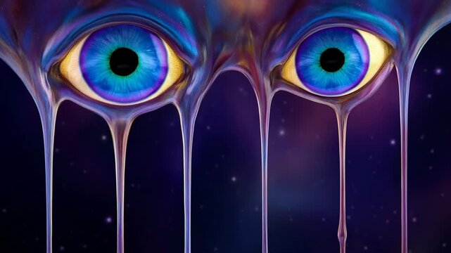Abstract trippy background with melting eyes concept. Surreal blue eyes melting with liquid drops on dark cosmic background digital art