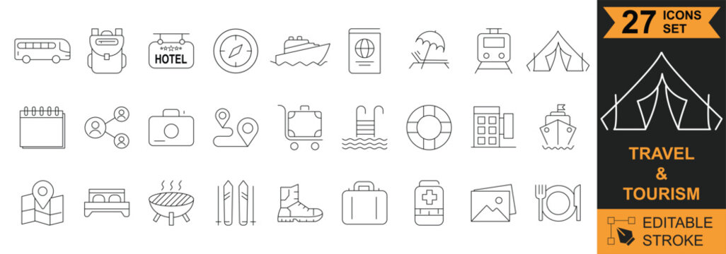 Travel Tourism Line Editable Icon Set. Containing vacation, hotel, luggage, passport, camping, cruise, transport, navigation, beach, adventure, holiday and more. Editable stroke. Vector illustration