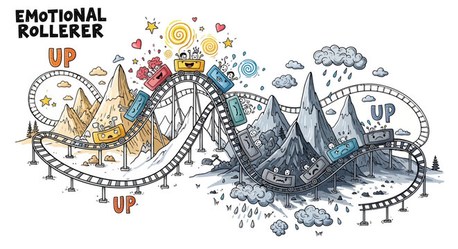 Emotional roller coaster ride with mountains and clouds up high