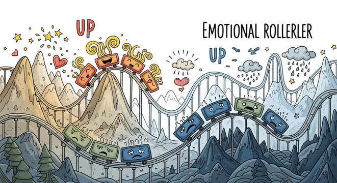 A vibrant rollercoaster ride with cartoon cars twists through a colorful emotional landscape.
