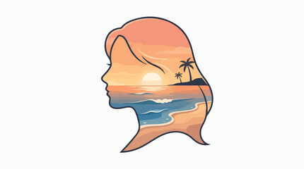 Fototapeta premium Double exposure woman silhouette vector, tropical beach sunset landscape inside female profile, summer vacation and travel concept illustration
