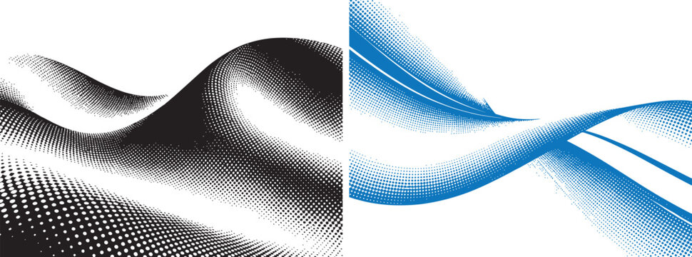 Abstract halftone wave vector patterns in black and blue colors for graphic design backgrounds