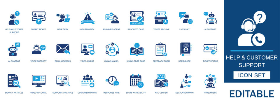 Help and customer support icon set. Featuring live chat assistant ticketing system faq chatbot knowledge base video tutorial and technical service interface.