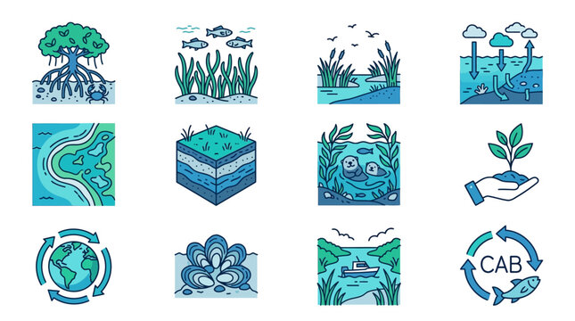 Industrial Showing Aquatic Ecosystems Water Cycles and Sustainable Practices with Blue Green Themes
