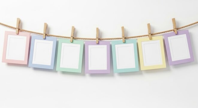 Colorful paper frames hanging on string with clips.