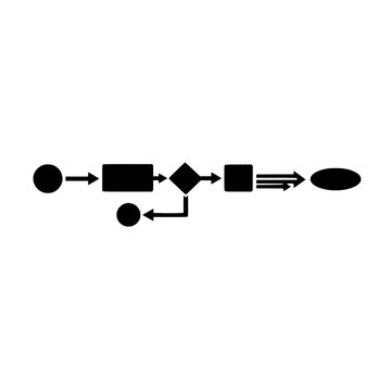 Black flowchart diagram with geometric shapes and arrows isolated on white background 