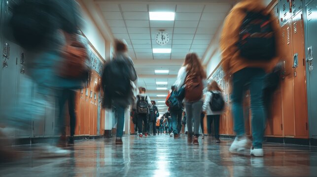 Students rush through a crowded school hallway to reach their next class.