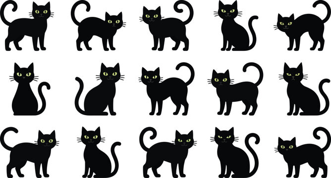 Black cat silhouettes collection diverse poses for halloween witchcraft and mystical designs
