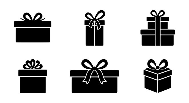 Black Gift Boxes with Ribbons, Vector Icons Set for Celebration and Holidays, Simple Present Shapes