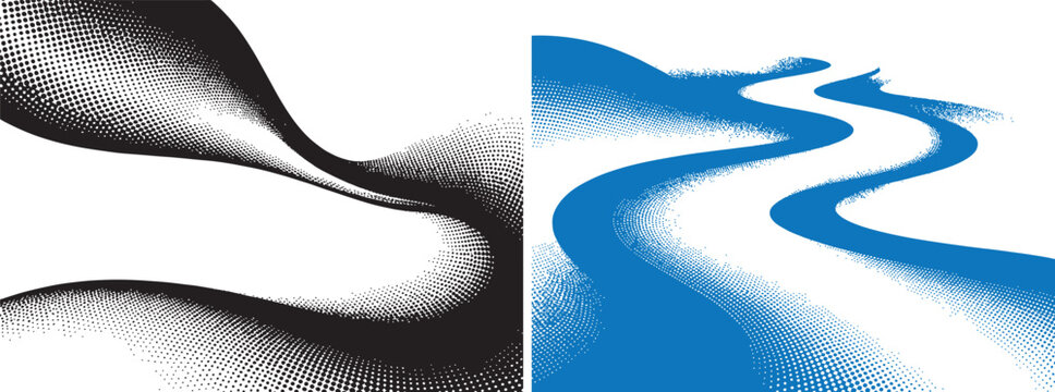 Abstract halftone wave and winding road vector graphics with dotted gradient pattern for design backgrounds