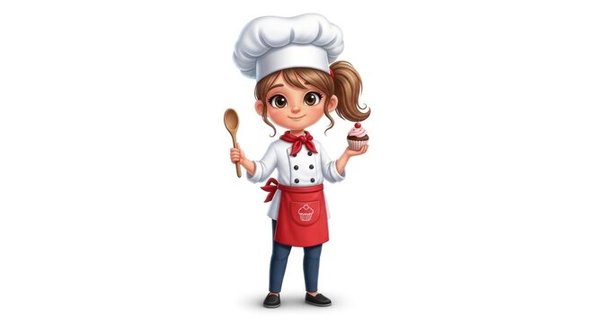 Cute cartoon girl chef holding spoon and cupcake.